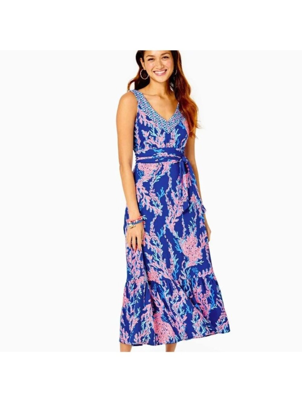 Lilly Pulitzer Madsen Dress Womens Medium Borealis Blue Swim On Over Coral Midi